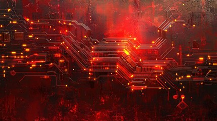 Poster - Abstract Neon Circuit Board with Glowing Lines and Red Background