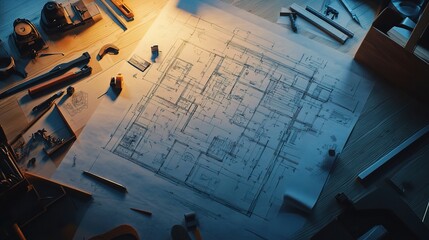 Wall Mural - Detailed Blueprint of Building Project Laid Out on Drafting Table