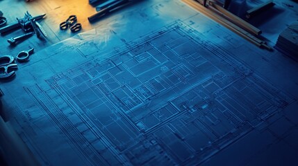 Poster - Detailed Blueprint of a Building Project on Workbench with Tools