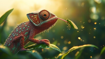 Wall Mural - Highly detailed of a chameleon catching a grasshopper with its tongue,in soft focus against a green natural background