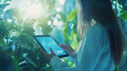 Wall Mural - Businesswoman Using Tablet in Modern Office with Natural Elements