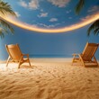 © CHONCHANOK PHOTO - Two wooden lounge chairs on a tranquil beach, evoking relaxation and serenity under a clear blue sky.