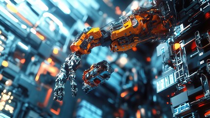 Poster - 3D Rendering of a Futuristic Robot Arm Assembling Components in a Lab