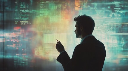Poster - Businessman in Silhouette Against a Transparent Digital Background