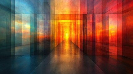 Poster - A vibrant, abstract corridor of colors leading to a glowing light, evoking depth and perspective.