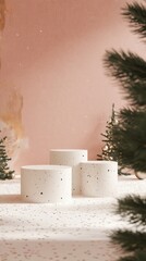 Poster - An elegant winter scene with three empty podiums arranged thoughtfully, complemented by a soft holiday-themed backdrop for showcasing products.