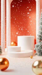 Poster - An elegant winter scene with three empty podiums arranged thoughtfully, complemented by a soft holiday-themed backdrop for showcasing products.