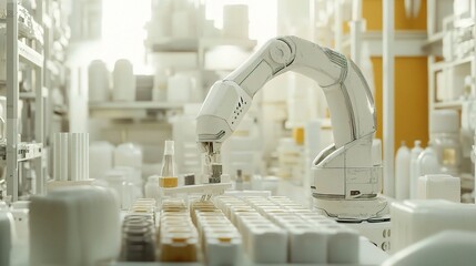 Poster - Futuristic 3D Rendering of Robot Arm Assembling Products in Factory