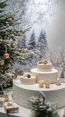 Poster - An inviting winter display with three podiums arranged with generous spacing, framed by a delicate festive pattern, ideal for seasonal products.