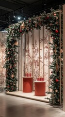 Poster - An inviting winter display with three podiums arranged with generous spacing, framed by a delicate festive pattern, ideal for seasonal products.