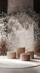 Poster - An inviting winter display with three podiums arranged with generous spacing, framed by a delicate festive pattern, ideal for seasonal products.