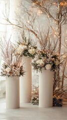 Poster - An inviting winter display with three podiums arranged with generous spacing, framed by a delicate festive pattern, ideal for seasonal products.