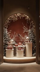 Poster - An inviting winter display with three podiums arranged with generous spacing, framed by a delicate festive pattern, ideal for seasonal products.