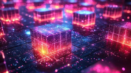 Poster - A vibrant, digital landscape of glowing cubes and particles, evoking a futuristic theme.