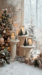 Poster - An inviting winter display with three podiums arranged with generous spacing, framed by a delicate festive pattern, ideal for seasonal products.