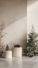 Poster - An inviting winter holiday display with three elegantly arranged podiums, complemented by a soft festive background for a welcoming atmosphere.