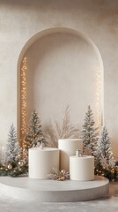 Poster - An inviting winter holiday display with three elegantly arranged podiums, complemented by a soft festive background for a welcoming atmosphere.