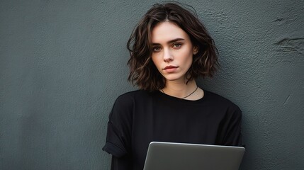 Poster - Young Brunette Woman Holding Laptop Isolated Against Gray Background
