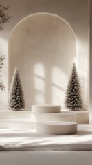 Poster - An inviting winter holiday display with three elegantly arranged podiums, complemented by a soft festive background for a welcoming atmosphere.