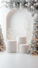 Poster - An inviting winter holiday display with three elegantly arranged podiums, complemented by a soft festive background for a welcoming atmosphere.