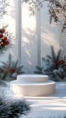 Poster - An inviting winter product display featuring three empty podiums, surrounded by ample space and a faint festive design enhancing the background.