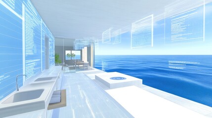 Sticker - Futuristic interior with transparent walls overlooking the ocean, featuring digital interfaces.