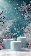 Poster - An inviting winter product display featuring three empty podiums, surrounded by ample space and a faint festive design enhancing the background.