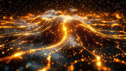 Poster - A vibrant, glowing landscape of flowing energy and particles resembling a digital terrain.