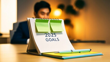 Poster - A planner displaying 2025 goals with sticky notes and a pen, set in a professional workspace.