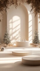 Poster - Three elegantly designed empty podiums in a spacious layout, surrounded by a subtle holiday-themed background, ideal for showcasing seasonal products.