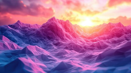 Poster - A vibrant, low-poly landscape at sunset, showcasing colorful mountain peaks and valleys.