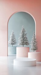 Poster - Three minimalist podiums set against a faintly festive background, allowing ample room for product display in a winter holiday-themed setting.