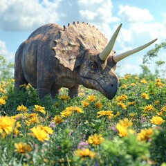 Wall Mural - A triceratops standing in a vibrant field of flowers under a bright sky.