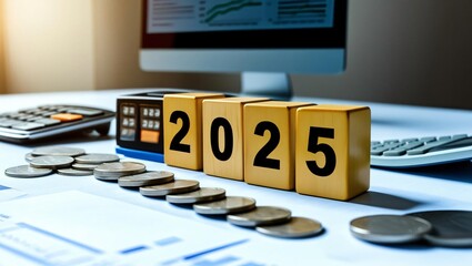 Poster - A calculator and coins with a focus on the year 2025, set on a desk with financial documents.