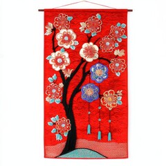 Poster - A vibrant textile wall hanging featuring a stylized tree adorned with colorful flowers and decorative elements on a red background.