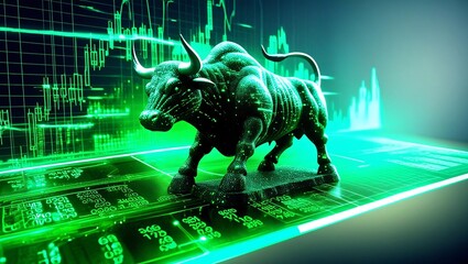 Poster - a powerful bull symbolizes market growth amidst digital financial graphs and green light effects.