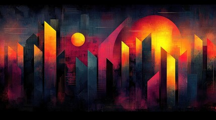 Poster - Abstract cityscape with vibrant colors and geometric shapes, evoking a futuristic atmosphere.