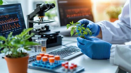Poster - biotechnology researcher examines plant sample in lab, surrounded by scientific equipment and data displays. atmosphere reflects innovation and discovery in plant science