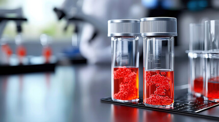 Poster - Laboratory glassware with red liquid in test tubes, showcasing biotechnology setting. vibrant colors and scientific equipment create engaging atmosphere for research