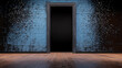 © Athiphat - striking doorway framed by textured blue wall, with fragmented elements creating dynamic visual effect. wooden floor adds warmth to modern aesthetic