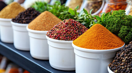 Aufkleber - Vibrant spices in white containers showcase variety of colors and textures, highlighting global spice market diversity and richness