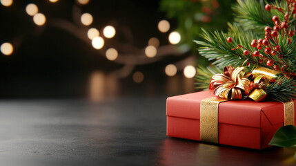 Aufkleber - close up of festive gift box adorned with greenery and ribbons, perfect for celebrations. warm bokeh lights in background create joyful atmosphere
