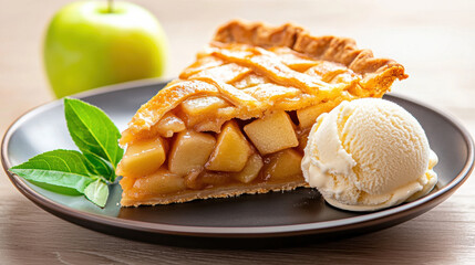 Aufkleber - delicious slice of apple pie served with scoop of vanilla ice cream, garnished with fresh apple and mint leaves, creating delightful dessert experience