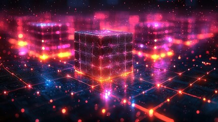 Poster - Abstract digital landscape featuring glowing cubes and vibrant particles.