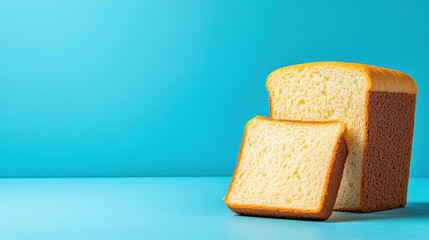 Poster - Freshly baked gluten free loaf of bread with slice cut, showcasing its soft texture and golden crust against vibrant blue background. Perfect for healthy eating