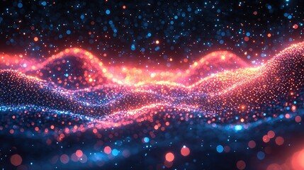 Poster - Abstract digital landscape with glowing particles creating a wave-like effect.