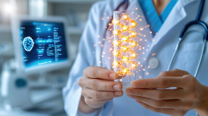 Aufkleber - researcher holds glowing test tube with DNA helix, showcasing innovation in science and technology. background features digital display of molecular data