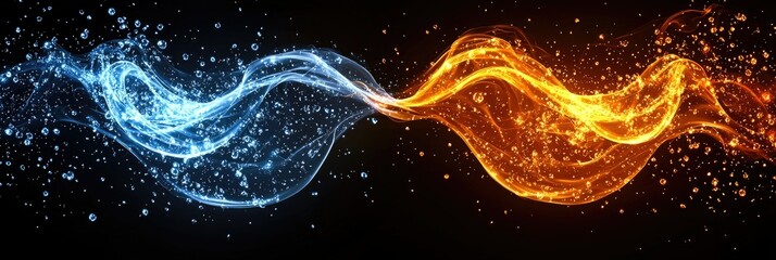 Poster - Abstract image of blue and orange waves representing water and fire elements.