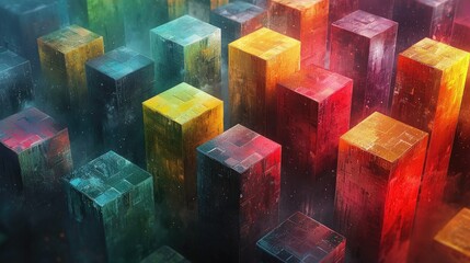 Poster - Abstract landscape of colorful, illuminated blocks creating a vibrant, immersive environment.