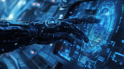 Poster - Futuristic Robotic Arm Reaching Towards Digital Interface in Background